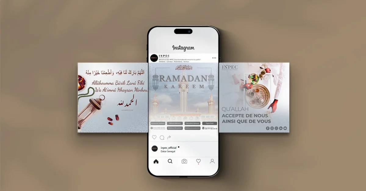 Grid Instagram Mercarue pour INPEC, mettant en valeur le design graphique de Ramadan avec des éléments comme le croissant de lune et les lanternes.