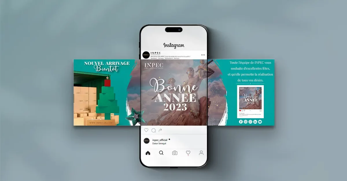 Instagram INPEC pour le Nouvel An avec des éléments graphiques colorés.